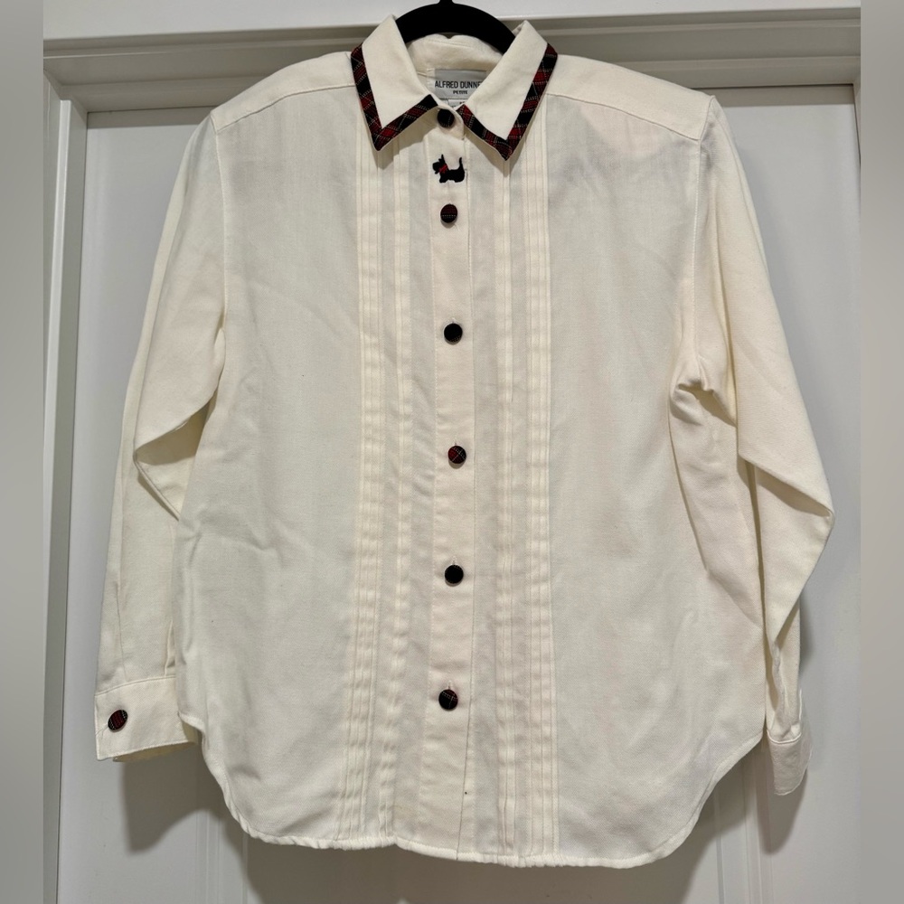 Vintage Button Down Cream Shirt with Plaid Detail & Scottie Dog Embroidery 8P